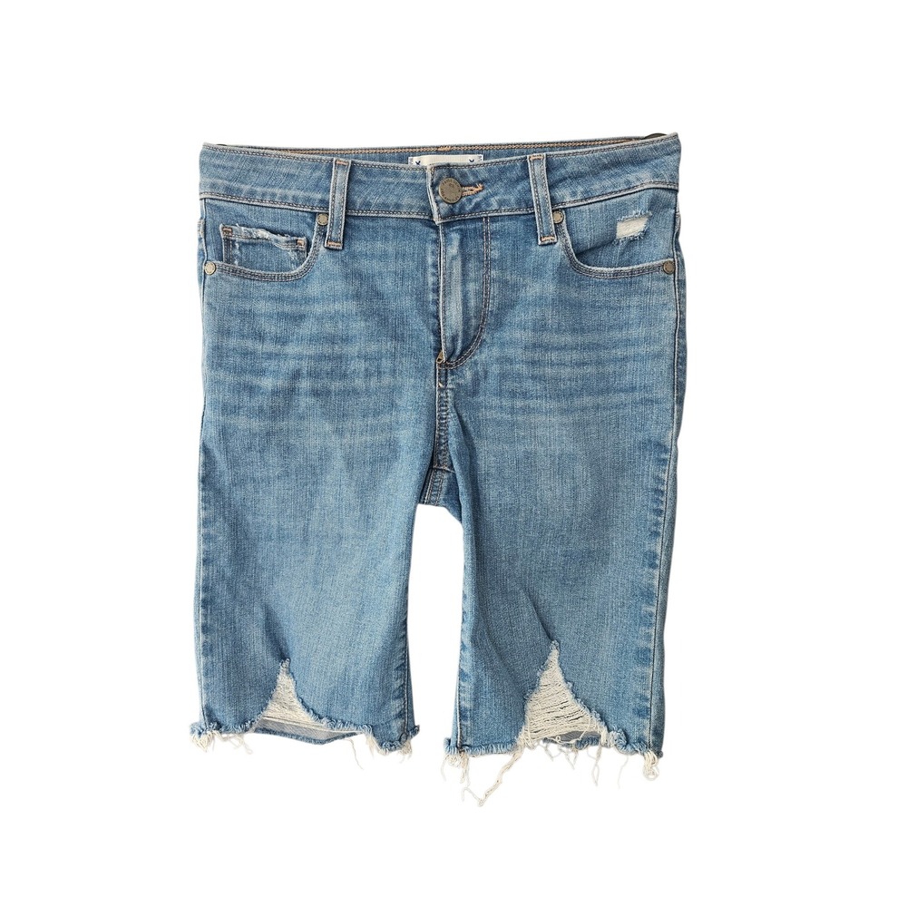 Paige Jax Knee Short Medium Wash Distressed Frayed Hem Denim Bermuda Shorts 25